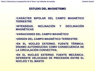ESTUDIO DEL MAGNETISMO CARÁCTER BIPOLAR DEL CAMPO MAGNÉTICO TERRESTRE INTENSIDAD, INCLINACIÓN Y DECLINACIÓN MAGNÉTICAS VARIACIONES DEL CAMPO MAGNÉTICO ORIGEN DEL CAMPO MAGNÉTICO TERRESTRE: EN EL NÚCLEO EXTERNO. FUENTE TÉRMICA: DINAMO AUTOINDUCIDA COMO CONSECUENCIA DE LA CIRCULACIÓN CONVECTIVA. EN EL NUCLEO EXTERNO. FUENTE MECÁNICA: DIFERENTE VELOCIDAD DE PRECESIÓN ENTRE EL NÚCLEO Y EL MANTO 