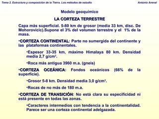 Modelo geoquímico LA CORTEZA TERRESTRE Capa más superficial. 5-80 km de grosor (media 33 km, disc. De Mohorovicic).Supone el 3% del volumen terrestre y el  1% de la masa.  CORTEZA CONTINENTAL : Parte no sumergida del continente y las  plataformas continentales.  Espesor 33-35 km, máximo Himalaya 80 km. Densidad media 2,7 g/cm 3 . Roca más antigua 3960 m.a. (gneis) CORTEZA OCEÁNICA : Fondos oceánicos (66% de la superficie).  Grosor 5-8 km. Densidad media 3,0 g/cm 3 .  Rocas de no más de 180 m.a. CORTEZA DE TRANSICIÓN : No está clara su especificidad ni está presente en todas las zonas.  Caracteres intermedios con tendencia a la continentalidad. Parece ser una corteza continental adelgazada. 
