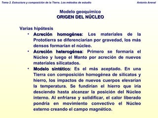 Modelo geoquímico ORIGEN DEL NÚCLEO Varias hipótesis Acreción homogénea : Los materiales de la Prototierra se diferenciarían por gravedad, los más densos formarían el núcleo. Acreción heterogénea : Primero se formaría el Núcleo y luego el Manto por acreción de nuevos materiales silicatados. Modelo sintético : Es el más aceptado. En una Tierra con composición homogénea de silicatos y hierro, los impactos de nuevos cuerpos elevarían la temperatura. Se fundirían el hierro que iría desciendo hasta alcanzar la posición del Núcleo interno. Al enfriarse y solidificar, el calor liberado pondría en movimiento convectivo el Núcleo externo creando el campo magnético. 
