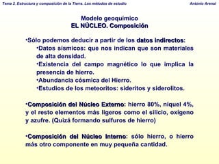 Modelo geoquímico EL NÚCLEO. Composición Sólo podemos deducir a partir de los  datos indirectos : Datos sísmicos: que nos indican que son materiales de alta densidad. Existencia del campo magnético lo que implica la presencia de hierro. Abundancia cósmica del Hierro. Estudios de los meteoritos: sideritos y siderolitos. Composición del Núcleo Externo : hierro 80%, níquel 4%, y el resto elementos más ligeros como el silicio, oxígeno y azufre. (Quizá formando sulfuros de hierro) Composición del Núcleo Interno : sólo hierro, o hierro más otro componente en muy pequeña cantidad. 