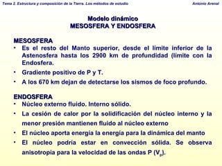 Modelo dinámico MESOSFERA Y ENDOSFERA MESOSFERA Es el resto del Manto superior, desde el límite inferior de la Astenosfera hasta los 2900 km de profundidad (límite con la Endosfera. Gradiente positivo de P y T. A los 670 km dejan de detectarse los sismos de foco profundo. ENDOSFERA Núcleo externo fluido. Interno sólido.  La cesión de calor por la solidificación del núcleo interno y la menor presión mantienen fluido al núcleo externo El núcleo aporta energía la energía para la dinámica del manto El núcleo podría estar en convección sólida. Se observa anisotropía para la velocidad de las ondas P (V p ). 