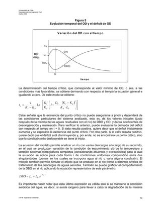 Universidad de Chile
Departamento de Ingeniería Civil
Otoño 2006



                                                              Figura 5
                                              Evolución temporal del OD y el déficit de OD


                                                      Variación del OD con el tiempo

                                   10

                                    8
                                    Cs

                                                          D(t)
                    D(t)             6
                                    D0
                    OD(t)
                                     4
                                   OD 0
                                     2                    OD(t)

                                     0
                                                 tc
                                          0                       5              10          15
                                                                      tie m po


La determinación del tiempo crítico, que corresponde al valor mínimo de OD, o sea, a las
condiciones más favorables, se obtiene derivando con respecto al tiempo la ecuación general e
igualando a cero. De este modo se obtiene:

            1       ⎡K                    ⎛   D (K r − K d ) ⎞ ⎤
tc =             Ln ⎢ r                   ⎜1 − 0
                                          ⎜                  ⎟⎥
                                                             ⎟
         Kr − Kd    ⎢ Kd
                    ⎣                     ⎝      K d ⋅ L0    ⎠⎥⎦

Cabe señalar que la existencia del punto crítico no puede asegurarse a priori y dependerá de
las condiciones particulares del sistema analizado, esto es, de los valores iniciales (justo
después de la mezcla de las aguas residuales con el río) de DBO y OD, y de los coeficientes de
desoxigenación y reaireación. Para verificar lo anterior, puede evaluarse la derivada del déficit
con respecto al tiempo en t = 0. Si ésta resulta positiva, quiere decir que el déficit inicialmente
aumenta y se esperaría la existencia del punto crítico. Por otra parte, si el valor resulta positivo,
quiere decir que el déficit está disminuyendo y, por ende, no se encontrará un punto crítico, sino
que la condición más desfavorable se tiene al inicio.

La ecuación del modelo permite analizar un río con varias descargas a lo largo de su recorrido,
en el cual se produzcan variación de la condición de escurrimiento y/o de la temperatura y
también sistemas hidrográficos completos (considerando afluentes y extracciones) para lo cual
la ecuación se aplica para cada tramo i de condiciones uniformes comprendido entre dos
singularidades (puntos en los cuales se incorpora agua al río o varia alguna condición). El
modelo también permite simular el efecto que se produce en el río frente a distintos niveles de
tratamiento de las descargas de aguas servidas. También se puede graficar el comportamiento
de la DBO en el río aplicando la ecuación representativa de este parámetro.
                               − K d ⋅t
DBO = Lt = L0 e

Es importante hacer notar que ésta última expresión es válida sólo si se mantiene la condición
aeróbica del agua, es decir, si existe oxígeno para llevar a cabo la degradación de la materia


CI41B Ingeniería Ambiental                                                                         14
 
