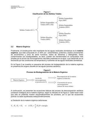 Universidad de Chile
Departamento de Ingeniería Civil
Otoño 2006



                                                         Figura 1
                                           Clasificación de los Sólidos Totales

                                                                               Sólidos Suspendidos
                                                                               Fijos (SSF)
                                                       Sólidos Suspendidos
                                                       Totales (SST ó SS)      Sólidos Suspendidos
                                                                               Volátiles (SSV)
                     Sólidos Totales (S.T.)

                                                                               Sólidos Disueltos
                                                                               Fijos (SSF)
                                                       Sólidos Disueltos
                                                       Totales (SDT)           Sólidos Disueltos
                                                                               Volátiles (SSV)

2.2         Materia Orgánica

Finalmente, el constituyente más importante de las aguas residuales domésticas es la materia
orgánica, que está compuesta en un 90% por carbohidratos, proteínas y lípidos provenientes
de excrementos y orina de seres humanos, restos de alimentos y detergentes. Estos
contaminantes son biodegradables, es decir, pueden ser transformados en compuestos más
simples por la acción de microorganismos naturales presentes en el agua, cuyo desarrollo se ve
favorecido por las condiciones de temperatura y nutrientes de las aguas residuales domésticas.

En la Figura 2 se muestra un esquema del proceso de biodegradación de la materia orgánica
en presencia de oxígeno disuelto en las aguas (proceso aeróbico).

                                                       Figura 2
                                    Proceso de Biodegradación de la Materia Orgánica

                                                                             Descomposición de la materia
                                               Acción de                     orgánica (oxidación)
      Materia Orgánica                         microorganismos
                                               en presencia de O2            Crecimiento de nuevos
                                                                             microorganismos
                                                                             (síntesis de masa celular)

A continuación, se presentan las ecuaciones básicas del proceso de descomposición aeróbica
(oxidación biológica) de la materia orgánica, según lo indicado en la Figura 2. Cabe hacer notar
que sólo se pretende mostrar esquemáticamente los procesos, por lo que las ecuaciones
podrían no estar equilibradas estequiométricamente.

a) Oxidación de la materia orgánica carbonacea.

                                               y
C x H y O2 + O2                    → x CO2 +     H 2 O + energía
                                               2



CI41B Ingeniería Ambiental                                                                                  3
 