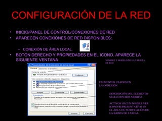 CONFIGURACIÓN DE LA RED
• INICIO/PANEL DE CONTROL/CONEXIONES DE RED
• APARECEN CONEXIONES DE RED DISPONIBLES:
– CONEXIÓN DE ÁREA LOCAL.
• BOTÓN DERECHO Y PROPIEDADES EN EL ICONO. APARECE LA
SIGUIENTE VENTANA NOMBRE Y MODELO DE LA TARJETA
DE RED
ELEMENTOS USADOS EN
LA CONEXIÓN
DESCRIPCIÓN DEL ELEMENTO
SELECCIONADO ARRIBAS
ACTIVOS HACEN POSIBLE VER
ICONO REPRESENTATIVO EN
EL ÁREA DE NOTIFICACIÓN DE
LA BARRA DE TAREAS.
 