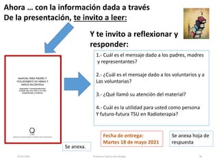 29-05-2021 Profesora Yelitza John Rangel 18
Ahora … con la información dada a través
De la presentación, te invito a leer:
Y te invito a reflexionar y
responder:
1.- Cuál es el mensaje dado a los padres, madres
y representantes?
2.- ¿Cuál es el mensaje dado a los voluntarios y a
Las voluntarias?
3.- ¿Qué llamó su atención del material?
4.- Cuál es la utilidad para usted como persona
Y futuro-futura TSU en Radioterapia?
Se anexa.
Se anexa hoja de
respuesta
Fecha de entrega:
Martes 18 de mayo 2021
 