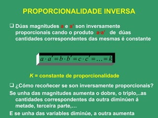 PROPORCIONALIDADE INVERSA Dúas magnitudes  a  e  a’  son inversamente proporcionais cando o produto  a·a’   de  dúas cantidades correspondentes das mesmas é constante ¿Cómo recoñecer se son inversamente proporcionais? Se unha das magnitudes aumenta o dobre, o triplo,..as cantidades correspondentes da outra diminúen á metade, terceira parte,… E se unha das variables diminúe, a outra aumenta K  = constante de proporcionalidade 