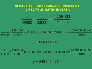REPARTOS  PROPORCIONAIS: UNHA SERIE DIRECTA ,E, OUTRA INVERSA 