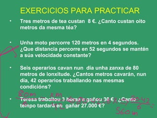 EXERCICIOS PARA PRACTICAR Tres metros de tea custan  8 €. ¿Canto custan oito metros da mesma téa? Unha moto percorre 120 metros en 4 segundos. ¿Que distancia percorre en 52 segundos se mantén a súa velocidade constante? Seis operarios cavan nun  día unha zanxa de 80 metros de lonxitude. ¿Cantos metros cavarán, nun día, 42 operarios traballando nas mesmas condicións? Teresa traballou 3 horas e gañou 30 € . ¿Canto tempo tardará en  gañar 27.000 €? 