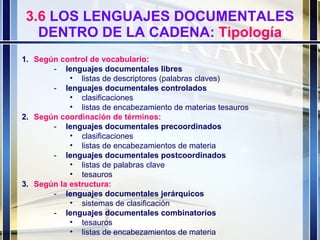 3.6  LOS LENGUAJES DOCUMENTALES DENTRO DE LA CADENA:  Tipología 1. Según control de vocabulario: - lenguajes documentales libres listas de descriptores (palabras claves) - lenguajes documentales controlados clasificaciones listas de encabezamiento de materias tesauros 2. Según coordinación de términos: - lenguajes documentales precoordinados clasificaciones listas de encabezamientos de materia - lenguajes documentales postcoordinados listas de palabras clave tesauros 3. Según la estructura: - lenguajes documentales jerárquicos sistemas de clasificación - lenguajes documentales combinatorios tesauros listas de encabezamientos de materia 