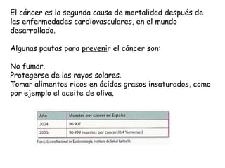 El cáncer es la segunda causa de mortalidad después de las enfermedades cardiovasculares, en el mundo desarrollado. Algunas pautas para  preveni r el cáncer son: No fumar. Protegerse de las rayos solares. Tomar alimentos ricos en ácidos grasos insaturados, como por ejemplo el aceite de oliva. 