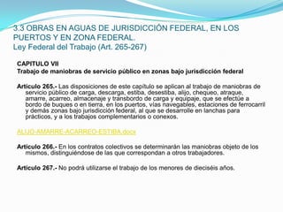 CAPITULO VIITrabajo de maniobras de servicio público en zonas bajo jurisdicción federal Artículo 265.- Las disposiciones de este capítulo se aplican al trabajo de maniobras de servicio público de carga, descarga, estiba, desestiba, alijo, chequeo, atraque, amarre, acarreo, almacenaje y transbordo de carga y equipaje, que se efectúe a bordo de buques o en tierra, en los puertos, vías navegables, estaciones de ferrocarril y demás zonas bajo jurisdicción federal, al que se desarrolle en lanchas para prácticos, y a los trabajos complementarios o conexos.ALIJO-AMARRE-ACARREO-ESTIBA.docx Artículo 266.- En los contratos colectivos se determinarán las maniobras objeto de los mismos, distinguiéndose de las que correspondan a otros trabajadores. Artículo 267.- No podrá utilizarse el trabajo de los menores de dieciséis años.3.3 OBRAS EN AGUAS DE JURISDICCIÓN FEDERAL, EN LOS PUERTOS Y EN ZONA FEDERAL.Ley Federal del Trabajo (Art. 265-267)