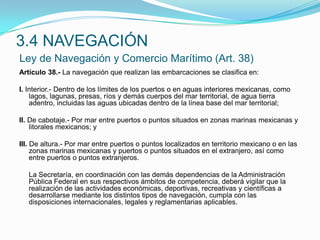 Artículo 38.- La navegación que realizan las embarcaciones se clasifica en: I. Interior.- Dentro de los límites de los puertos o en aguas interiores mexicanas, como lagos, lagunas, presas, ríos y demás cuerpos del mar territorial, de agua tierra adentro, incluidas las aguas ubicadas dentro de la línea base del mar territorial; II. De cabotaje.- Por mar entre puertos o puntos situados en zonas marinas mexicanas y litorales mexicanos; y III. De altura.- Por mar entre puertos o puntos localizados en territorio mexicano o en las zonas marinas mexicanas y puertos o puntos situados en el extranjero, así como entre puertos o puntos extranjeros.  	La Secretaría, en coordinación con las demás dependencias de la Administración Pública Federal en sus respectivos ámbitos de competencia, deberá vigilar que la realización de las actividades económicas, deportivas, recreativas y científicas a desarrollarse mediante los distintos tipos de navegación, cumpla con las disposiciones internacionales, legales y reglamentarias aplicables.3.4 NAVEGACIÓNLey de Navegación y Comercio Marítimo (Art. 38)