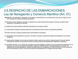 Artículo 51.- Se entiende por despacho vía la pesca, la autorización a una embarcación para que se haga a la mar con el objeto de realizar actividades pesqueras. La Secretaría estará obligada a expedir un despacho por cada embarcación pesquera. El plazo de vigencia del despacho no excederá de 180 días. La capitanía de puerto deberá suspender el despacho vía la pesca cuando: I. La autoridad competente tenga pruebas del incumplimiento de las normas de seguridad aplicables. II. Exista orden de un órgano jurisdiccional o administrativo competente. La cancelación de la autorización, permiso o concesión de pesca, extinguirá la vigencia del despacho vía la pesca respectivo. El naviero estará obligado a dar aviso de entrada y salida, cada vez que entre o salga al puerto. Para ello, deberá presentar por escrito a la autoridad marítima la documentación que establezca el reglamento respectivo. La autoridad marítima, en su ámbito de competencia, estará obligada a verificar que en la expedición del despacho vía la pesca, así como en los avisos de entrada y salida y en la información a ser presentada por el naviero, se respeten las normas aplicables en materia de seguridad en la navegación y la vida humana en el mar, prevención de la contaminación marina, así como las demás que establezcan los Tratados Internacionales.3.8 DESPACHO DE LAS EMBARCACIONES.Ley de Navegación y Comercio Marítimo (Art. 51)