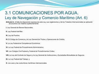3.1 COMUNICACIONES POR AGUA.Ley de Navegación y Comercio Marítimo (Art. 6)Artículo 6.- A falta de disposición expresa de esta Ley, sus reglamentos y de los Tratados Internacionales se aplicarán de acuerdo a la materia supletoriamente: I. Ley General de Bienes Nacionales; II. Ley Federal del Mar; III. Ley de Puertos; IV. El Código de Comercio y la Ley General de Títulos y Operaciones de Crédito; V. La Ley Federal de Competencia Económica; VI. La Ley Federal de Procedimiento Administrativo; VII. Los Códigos Civil Federal y Federal de Procedimientos Civiles; VIII. La Ley del Contrato de Seguro y la Ley General de Instituciones y Sociedades Mutualistas de Seguros; IX. La Ley Federal del Trabajo; y X. Los usos y las costumbres marítimas internacionales.