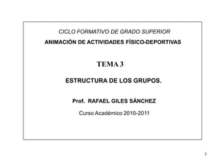 CICLO FORMATIVO DE GRADO SUPERIOR
ANIMACIÓN DE ACTIVIDADES FÍSICO-DEPORTIVAS



                TEMA 3

      ESTRUCTURA DE LOS GRUPOS.


        Prof. RAFAEL GILES SÁNCHEZ

          Curso Académico 2010-2011




                                             1
 