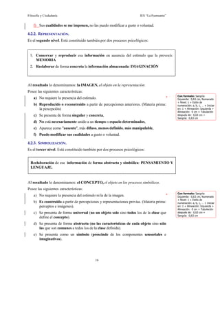 Filosofía y Ciudadanía                                                  IES “La Fuensanta”


    f) Sus cualidades se me imponen, no las puedo modificar a gusto o voluntad.

4.2.2. REPRESENTACIÓN.
Es el segundo nivel. Está constituido también por dos procesos psicológicos:


 1. Conservar y reproducir esa información en ausencia del estímulo que la provocó:
    MEMORIA
 2. Reelaborar de forma concreta la información almacenada: IMAGINACIÓN



Al resultado lo denominamos: la IMAGEN, el objeto en la representación:
Posee las siguientes características:
                                                                                             Con formato: Sangría:
    a) No requiere la presencia del estímulo.                                                Izquierda: 0,63 cm, Numerado
                                                                                             + Nivel: 1 + Estilo de
    b) Reproducido o reconstruido a partir de percepciones anteriores. (Materia prima:       numeración: a, b, c, … + Iniciar
       la percepción)                                                                        en: 1 + Alineación: Izquierda +
                                                                                             Alineación: 0 cm + Tabulación
    c) Se presenta de forma singular y concreta,                                             después de: 0,63 cm +
                                                                                             Sangría: 0,63 cm
    d) No está necesariamente unido a un tiempo o espacio determinados,
    e) Aparece como "ausente", más difuso, menos definido, más manipulable,
    f) Puedo modificar sus cualidades a gusto o voluntad.

4.2.3. SIMBOLIZACIÓN.
Es el tercer nivel. Está constituido también por dos procesos psicológicos:


  Reelaboración de esa información de forma abstracta y simbólica: PENSAMIENTO Y
  LENGUAJE.
  El valor de esa verdad estará determinado por la teoría del conocimiento desde la que se

Al resultado lo denominamos: el CONCEPTO, el objeto en los procesos simbólicos.
Posee las siguientes características:
                                                                                             Con formato: Sangría:
    a) No requiere la presencia del estímulo ni la de la imagen.                             Izquierda: 0,63 cm, Numerado
                                                                                             + Nivel: 1 + Estilo de
    b) Es construido a partir de percepciones y representaciones previas. (Materia prima:    numeración: a, b, c, … + Iniciar
       perceptos e imágenes).                                                                en: 1 + Alineación: Izquierda +
                                                                                             Alineación: 0 cm + Tabulación
    c) Se presenta de forma universal (no un objeto solo sino todos los de la clase que      después de: 0,63 cm +
                                                                                             Sangría: 0,63 cm
       define el concepto).
    d) Se presenta de forma abstracta (no las características de cada objeto sino sólo
       las que son comunes a todos los de la clase definida).
    e) Se presenta como un símbolo (prescinde de los componentes sensoriales e
       imaginativos).




                                            16
 