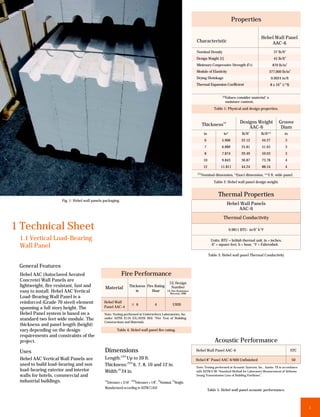 Properties

                                                                                                                                                                     Hebel Wall Panel
                                                                                                                   Characteristic                                        AAC-6
                                                                                                                   Nominal Density                                             37 lb/ft3
                                                                                                                   Design Waight [1]                                           45 lb/ft3
                                                                                                                   Minimum Conpressive Strength (f’c)                          870 lb/in2
                                                                                                                   Module of Elasticity                                     377,000 lb/in2
                                                                                                                   Drying Shrinkage                                          0.0024 in/ft
                                                                                                                   Thermal Expansion Coefficient                            8 x 10-6 1/°K


                                                                                                                                         [1]
                                                                                                                                               Values consider material´s
                                                                                                                                               moisture content.
                                                                                                                                    Table 1: Physical and design properties.


                                                                                                                                                        Designs Weight             Groove
                                                                                                                          Thickness[1]
                                                                                                                                                            AAC-6                   Diam
                                                                                                                           in             in*            lb/ft2      lb/ft**           in
                                                                                                                            6            5.906           22.12       44.27             3
                                                                                                                            7            6.889           25.81       51.65             3
                                                                                                                            8            7.874           29.49       59.03             3
                                                                                                                           10            9.843           36.87       73.78             4
                                                                                                                           12           11.811           44.24       88.54             4
                                                                                                                    [1]
                                                                                                                          Nominal dimension, *Exact dimension, **2 ft. wide panel.
                                                                                                                                    Table 2: Hebel wall panel design weight.


                                                                                                                                      Thermal Properties
                     Fig. 1: Hebel wall panels packaging.
                                                                                                                                                Hebel Wall Panels
                                                                                                                                                     AAC-6
                                                                                                                                          Thermal Conductivity

1 Technical Sheet                                                                                                                                0.9811 BTU- in/ft2 h°F

 1.1 Vertical Load-Bearing                                                                                                        Units: BTU = british thermal unit, in = inches,
 Wall Panel                                                                                                                       ft2 = square feet, h = hour, °F = Fahrenheit.

                                                                                                                                Table 3: Hebel wall panel Thermal Conductivity


 General Features
 Hebel AAC (Autoclaved Aerated                              Fire Performance
 Concrete) Wall Panels are
                                                                                               UL Design
 lightweight, fire resistant, fast and         Material              Thickness Fire Rating      Number
 easy to install. Hebel AAC Vertical                                     in       Hour        UL Fire Resistance
                                                                                                Directory 1998
 Load-Bearing Wall Panel is a
 reinforced (Grade 70 steel) element           Hebel Wall             > 6
                                                                      _             4             U920
 spanning a full story height. The             Panel AAC-4
 Hebel Panel system is based on a              Note: Testing performed at Underwriters Laboratories, Inc.
 standard two feet wide module. The            under ASTM E119 (UL/ANSI 263) “Fire Test of Building
                                               Constructions and Materials.
 thickness and panel length (height)
 vary depending on the design                           Table 4: Hebel wall panel fire rating.
 requirements and constraints of the
 project.                                                                                                                           Acoustic Performance
 Uses                                          Dimensions                                                          Hebel Wall Panel AAC-6                                                   STC
                                                            [1][5]
 Hebel AAC Vertical Wall Panels are            Length: Up to 20 ft.                                                Hebel 8” Panel AAC-6/600 Unfinished                                       50
 used to build load-bearing and non            Thickness:[2][3] 6, 7, 8, 10 and 12 in.                             Note: Testing performed at Acoustic Systems, Inc., Austin. TX in accordance
 load-bearing exterior and interior            Width:[4] 24 in.                                                    with ASTM E 90 “Standard Method for Laboratory Measurement of Airbome
 walls for hotels, commercial and                                                                                  Soung Transmission Loss of Building Partitions”.
 industrial buildings.                         [1]                    [2][4]            [3]       [5]
                                                Tolerance ± 3/16”, Tolerance ± 1/8”, Nominal, Height.
                                               Manufactured according to ASTM C1452
                                                                                                                                Table 5: Hebel wall panel acoustic performance.



                                                                                                                                                                                                  3
 