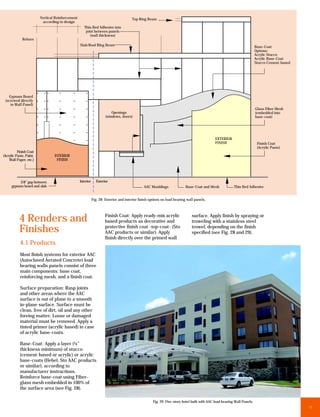 Vertical Reinforcement                                        Top Ring Beam
                          according to design
                                                     Thin Bed Adhesive into
                                                      joint between panels
                                                         (wall thickness)
             Rebars
                                                  Slab/Roof RIng Beam                                                                                                    Base-Coat
                                                                                                                                                                         Options:
                                                                                                                                                                         Acrylic Stucco
                                                                                                                                                                         Acrylic Base-Coat
                                                                                                                                                                         Stucco Cement-based




   Gypsum Board
 (screwed directly
    to Wall Panel)
                                                                                                                                                                         Glass Fiber Mesh
                                                                          Openings                                                                                       (embedded into
                                                                      (windows, doors)                                                                                   base-coat)




                                                                                                                                             EXTERIOR
                                                                                                                                             FINISH                       Finish Coat
                                                                                                                                                                          (Acrylic Paste)
          Finish Coat
(Acrylic Paste, Paint,           INTERIOR
    Wall Paper, etc.)             FINISH




           3/8” gap between                       Interior     Exterior
      gypsum board and slab                                                                    AAC Mouldings             Base-Coat and Mesh              Thin Bed Adhesive


                                                             Fig. 28: Exterior and interior finish options on load bearing wall panels.



                                                                     Finish Coat: Apply ready-mix acrylic                     surface. Apply finish by spraying or
           4 Renders and                                             based products as decorative and                         troweling with a stainless steel
           Finishes                                                  protective finish coat -top-coat- (Sto
                                                                     AAC products or similar). Apply
                                                                                                                              trowel, depending on the finish
                                                                                                                              specified (see Fig. 28 and 29).
                                                                     finish directly over the primed wall
            4.1 Products
            Most finish systems for exterior AAC
            (Autoclaved Aerated Concrete) load
            bearing walls panels consist of three
            main components: base coat,
            reinforcing mesh, and a finish coat.

            Surface preparation: Rasp joints
            and other areas where the AAC
            surface is out of plane to a smooth
            in-plane surface. Surface must be
            clean, free of dirt, oil and any other
            foreing matter. Loose or damaged
            material must be removed. Apply a
            tinted primer (acrylic based) in case
            of acrylic base-coats.

            Base-Coat: Apply a layer (¼”
            thickness minimum) of stucco
            (cement-based or acrylic) or acrylic
            base-coats (Hebel, Sto AAC products
            or similar), according to
            manufacturer instructions.
            Reinforce base-coat using Fiber-
            glass mesh embedded in 100% of
            the surface area (see Fig. 28).

                                                                                                    Fig. 29: Five-story hotel built with AAC load bearing Wall Panels.
                                                                                                                                                                                               11
 