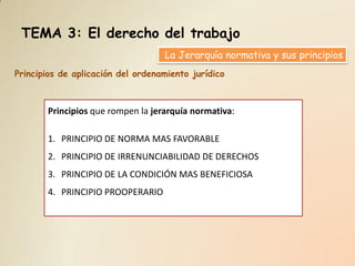 TEMA 3: El derecho del trabajo
                                   La Jerarquía normativa y sus principios
Principios de aplicación del ordenamiento jurídico



       Principios que rompen la jerarquía normativa:

       1. PRINCIPIO DE NORMA MAS FAVORABLE
       2. PRINCIPIO DE IRRENUNCIABILIDAD DE DERECHOS
       3. PRINCIPIO DE LA CONDICIÓN MAS BENEFICIOSA
       4. PRINCIPIO PROOPERARIO
 