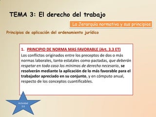 TEMA 3: El derecho del trabajo
                                    La Jerarquía normativa y sus principios
Principios de aplicación del ordenamiento jurídico



        1. PRINCIPIO DE NORMA MAS FAVORABLE (Art. 3.3 ET)
        Los conflictos originados entre los preceptos de dos o más
        normas laborales, tanto estatales como pactadas, que deberán
        respetar en todo caso los mínimos de derecho necesario, se
        resolverán mediante la aplicación de lo más favorable para el
        trabajador apreciado en su conjunto, y en cómputo anual,
        respecto de los conceptos cuantificables.



      Actividad
         3.6
 