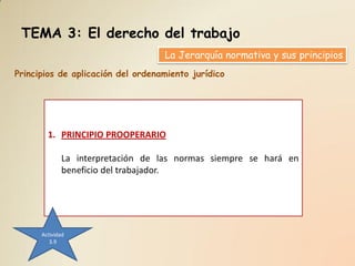 TEMA 3: El derecho del trabajo
                                   La Jerarquía normativa y sus principios
Principios de aplicación del ordenamiento jurídico




        1. PRINCIPIO PROOPERARIO

             La interpretación de las normas siempre se hará en
             beneficio del trabajador.




      Actividad
         3.9
 