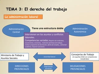 TEMA 3: El derecho del trabajo
   La administración laboral



       Administración              Tiene una estructura doble                              Administración
          Central                                                                           Autonómica
                          Intervienen en los asuntos y conflictos
                          laborales.
                          Competencias variadas (Registro de sindicatos,
                          asociaciones, convenios,.. Autorizar permisos de trabajo,
                          realizar programas de formación, oferta de empleo,…Solventar
                          conflictos, Imponer sanciones.




Ministerio de Trabajo y                                                                   Consejerías de Trabajo
                                                    Autoridad laboral                      (en aquellas CCAA con competencias
Asuntos Sociales                                                                                       transferidas)



             DIRECCIONES                             Organización                        DELEGACIONES
             PROVINCIALES                             territorial                        PROVINCIALES
 