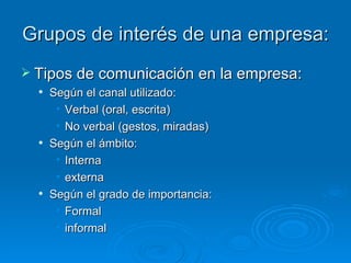 Grupos de interés de una empresa: Tipos de comunicación en la empresa: Según el canal utilizado: Verbal (oral, escrita) No verbal (gestos, miradas) Según el ámbito: Interna externa Según el grado de importancia: Formal informal 