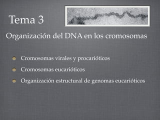 Tema 3
Organización del DNA en los cromosomas

   Cromosomas virales y procarióticos

   Cromosomas eucarióticos

   Organización estructural de genomas eucarióticos
 