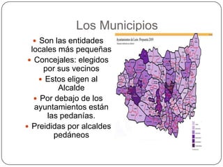 Los Municipios
   Son las entidades
  locales más pequeñas
  Concejales: elegidos
      por sus vecinos
     Estos eligen al
          Alcalde
    Por debajo de los
   ayuntamientos están
       las pedanías.
 Preididas por alcaldes
         pedáneos
 