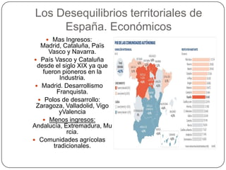 Los Desequilibrios territoriales de
     España. Económicos
     Mas Ingresos:
   Madrid, Cataluña, Païs
      Vasco y Navarra.
  País Vasco y Cataluña
  desde el siglo XIX ya que
    fueron pioneros en la
           Industria.
  Madrid. Desarrollismo
          Franquista.
   Polos de desarrollo:
  Zaragoza, Valladolid, Vigo
           yValencia
     Menos ingresos:
Andalucía, Extremadura, Mu
              rcia.
 Comunidades agrícolas
        tradicionales.
 