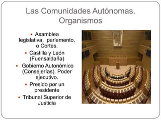 Las Comunidades Autónomas.
           Organismos
       Asamblea
 legislativa, parlamento,
          o Cortes.
     Castilla y León
      (Fuensaldaña)
 Gobierno Autonómico
   (Consejerías). Poder
         ejecutivo.
     Presido por un
        presidente
  Tribunal Superior de
           Justicia
 