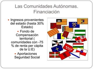 Las Comunidades Autónomas.
           Financiación
 Ingresos provenientes
 del estado (hasta 30%
         Estado)
       Fondo de
     Compensación
        territorial (
 comunidades con -75
 % de renta per cápita
        de la U.E)
    Aportaciones
   Seguridad Social
 