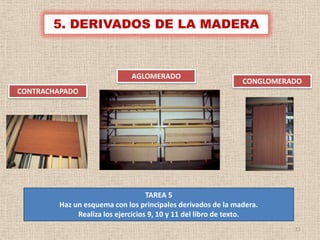 5. DERIVADOS DE LA MADERA



                             AGLOMERADO
                                                             CONGLOMERADO
CONTRACHAPADO




                                   TAREA 5
        Haz un esquema con los principales derivados de la madera.
             Realiza los ejercicios 9, 10 y 11 del libro de texto.
                                                                       11
 