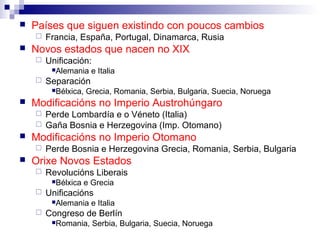    Países que siguen existindo con poucos cambios
       Francia, España, Portugal, Dinamarca, Rusia
   Novos estados que nacen no XIX
       Unificación:
         Alemania     e Italia
       Separación
         Bélxica,   Grecia, Romania, Serbia, Bulgaria, Suecia, Noruega
   Modificacións no Imperio Austrohúngaro
     Perde Lombardía e o Véneto (Italia)
     Gaña Bosnia e Herzegovina (Imp. Otomano)
   Modificacións no Imperio Otomano
       Perde Bosnia e Herzegovina Grecia, Romania, Serbia, Bulgaria
   Orixe Novos Estados
       Revolucións Liberais
         Bélxica    e Grecia
       Unificacións
         Alemania     e Italia
       Congreso de Berlín
         Romania,     Serbia, Bulgaria, Suecia, Noruega
 
