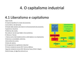 4. O capitalismo industrial

4.1 Liberalismo e capitalismo
·Adam Smith.
·O máximo beneficio é o motor da economía.
·Lei de oferta e de demanda.
·O Estado debe absterse de intervir no funcionamento da economía.
·Capitalismo industrial.
·Problemas dos stocks.
·De cando en vez ten que haber crise económica.
4.2 Bancos e fianzas
· A banca como intermediaria entre os aforradores e os empresarios.
·Creáronse as sociedades anónimas.
·Intercambio de accións.
·A bolsa de valores.
4.3 A expansión do capitalismo industrial
·Primeira metade do século XIX: Francia e Bélxica.
·Segunda metade do século XIX: Alemania, Rusia, EEUU e Xapón.
·Xorde Europa, só algunhas zonas de sur.
 