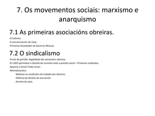 7. Os movementos sociais: marxismo e
                  anarquismo
7.1 As primeiras asociacións obreiras.
·O ludismo.
·A concienciación de clase.
·Primeiras Sociedades de Socorros Mutuos.


7.2 O sindicalismo
·Punto de partida: Ilegalidade das asiciacións obreiras.
·En 1825 permítese o dereito de reunións ante a presión social = Primeiros sindicatos.
·Aparece a Great Trade Union.
·Reivindicacións:
      -Mellorar as condicións de traballo dos obreiros.
      -Defensa do dereito de asociación.
      -Dereito de voto.
 