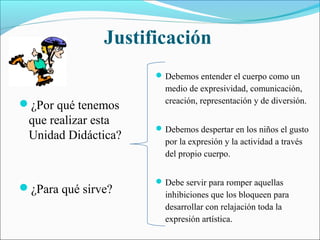 Justificación
                      Debemos entender el cuerpo como un
                       medio de expresividad, comunicación,
¿Por qué tenemos      creación, representación y de diversión.

 que realizar esta
                      Debemos despertar en los niños el gusto
 Unidad Didáctica?     por la expresión y la actividad a través
                       del propio cuerpo.


                      Debe servir para romper aquellas
¿Para qué sirve?
                       inhibiciones que los bloqueen para
                       desarrollar con relajación toda la
                       expresión artística.
 