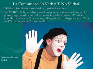 La Comunicación Verbal Y No Verbal.
• VERBAL: Retroalimentacion inmediata, rapidez e inmediatez.
• NO VERBAL: Se lleva a cabo a traves de los gestos y movimientos del cuerpo, los
  gestos, la expresion del rostro y de la mirada. La palabra representa el 7% de esa
  capacidad de influencia. El tono de voz y el lenguaje no verbal representan un 38% y
  un 55% respectivamente de esa capacidad.




Comunicación No
Verbal.
 