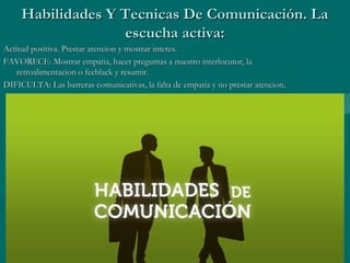 Habilidades Y Tecnicas De Comunicación. La
                   escucha activa:
Actitud positiva. Prestar atencion y mostrar interes.
FAVORECE: Mostrar empatia, hacer preguntas a nuestro interlocutor, la
    retroalimentacion o feeblack y resumir.
DIFICULTA: Las barreras comunicativas, la falta de empatia y no prestar atencion.
 