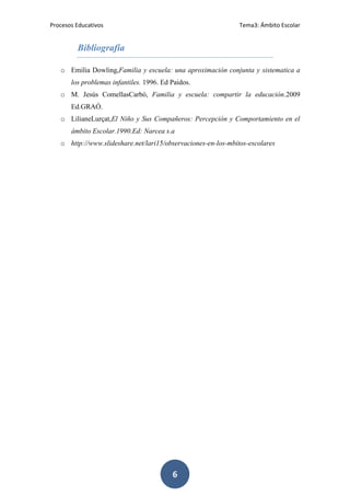 Procesos Educativos                                            Tema3: Ámbito Escolar


         Bibliografía

   o Emilia Dowling,Familia y escuela: una aproximación conjunta y sistematica a
       los problemas infantiles. 1996. Ed Paidos.
   o M. Jesús ComellasCarbó, Familia y escuela: compartir la educación.2009
       Ed.GRAÓ.
   o LilianeLurçat,El Niño y Sus Compañeros: Percepción y Comportamiento en el
       ámbito Escolar.1990.Ed: Narcea s.a
   o http://www.slideshare.net/lari15/observaciones-en-los-mbitos-escolares




                                          6
 
