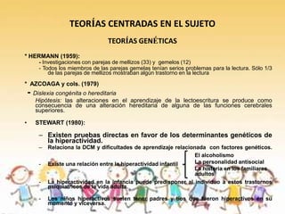 TEORÍAS CENTRADAS EN EL SUJETO
                                   TEORÍAS GENÉTICAS
* HERMANN (1959):
        - Investigaciones con parejas de mellizos (33) y gemelos (12)
        - Todos los miembros de las parejas gemelas tenían serios problemas para la lectura. Sólo 1/3
            de las parejas de mellizos mostraban algún trastorno en la lectura

* AZCOAGA y cols. (1979)
    - Dislexia congénita o hereditaria
       Hipótesis: las alteraciones en el aprendizaje de la lectoescritura se produce como
       consecuencia de una alteración hereditaria de alguna de las funciones cerebrales
       superiores.

•      STEWART (1980):

        – Existen pruebas directas en favor de los determinantes genéticos de
          la hiperactividad.
        –   Relaciona la DCM y dificultades de aprendizaje relacionada con factores genéticos.
                                                                   El alcoholismo
        -   Existe una relación entre la hiperactividad infantil   La personalidad antisocial
                                                                   La histeria en los familiares
                                                                   adultos
        -   La hiperactividad en la infancia puede predisponer al individuo a estos trastornos
            psiquiatricos de la vida adulta.

        -   Los niños hiperactivos suelen tener padres y tíos que fueron hiperactivos en su
            momento y viceversa.
 