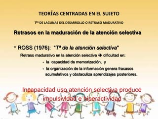 TEORÍAS CENTRADAS EN EL SUJETO
                 TAS DE LAGUNAS DEL DESARROLLO O RETRASO MADURATIVO

   Retrasos en la maduración de la atención selectiva

   * ROSS (1976): "Tª de la atención selectiva"
         Retraso madurativo en la atención selectiva  dificultad en:
                     - la capacidad de memorización, y
                     - la organización de la información genera fracasos
                       acumulativos y obstaculiza aprendizajes posteriores.



          Incapacidad uso atención selectiva produce
                 impulsividad e hiperactividad
Tema 3                                                                  Teorías sobre las D.A. (I)
 
