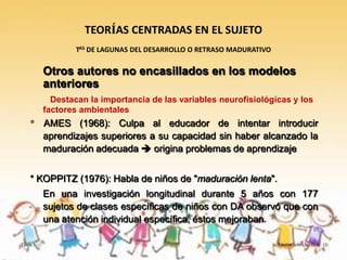 TEORÍAS CENTRADAS EN EL SUJETO
                 TAS DE LAGUNAS DEL DESARROLLO O RETRASO MADURATIVO

         Otros autores no encasillados en los modelos
         anteriores
           Destacan la importancia de las variables neurofisiológicas y los
         factores ambientales
   * AMES (1968): Culpa al educador de intentar introducir
     aprendizajes superiores a su capacidad sin haber alcanzado la
     maduración adecuada  origina problemas de aprendizaje


   * KOPPITZ (1976): Habla de niños de "maduración lenta".
         En una investigación longitudinal durante 5 años con 177
         sujetos de clases específicas de niños con DA observó que con
         una atención individual específica, éstos mejoraban.

Tema 3                                                                Teorías sobre las D.A. (I)
 