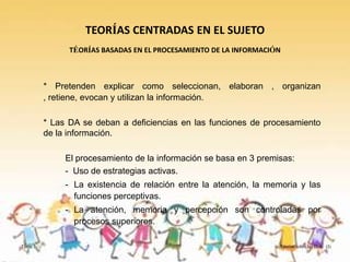 TEORÍAS CENTRADAS EN EL SUJETO
               TÉORÍAS BASADAS EN EL PROCESAMIENTO DE LA INFORMACIÓN



         * Pretenden explicar como seleccionan, elaboran , organizan
         , retiene, evocan y utilizan la información.

         * Las DA se deban a deficiencias en las funciones de procesamiento
         de la información.

              El procesamiento de la información se basa en 3 premisas:
              - Uso de estrategias activas.
              - La existencia de relación entre la atención, la memoria y las
                funciones perceptivas.
              - La atención, memoria y percepción son controladas por
                procesos superiores.

Tema 3                                                             Teorías sobre las D.A. (I)
 