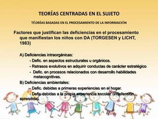 TEORÍAS CENTRADAS EN EL SUJETO
               TÉORÍAS BASADAS EN EL PROCESAMIENTO DE LA INFORMACIÓN

   Factores que justifican las deficiencias en el procesamiento
     que manifiestan los niños con DA (TORGESEN y LICHT,
     1983)

         A) Deficiencias intraorgánicas:
              - Defic. en aspectos estructurales u orgánicos.
              - Retrasos evolutivos en adquirir conductas de carácter estratégico
              - Defic. en procesos relacionados con desarrollo habilidades
                 metacognitivas.
         B) Deficiencias ambientales:
              - Defic. debidas a primeras experiencias en el hogar.
              - Defic debidas a la propia experiencia escolar. (indefensión
         aprendida).


Tema 3                                                               Teorías sobre las D.A. (I)
 