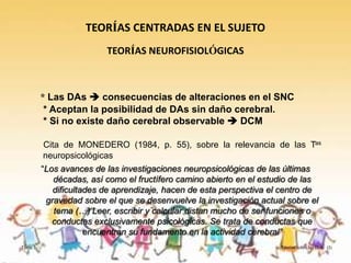 TEORÍAS CENTRADAS EN EL SUJETO
                         TEORÍAS NEUROFISIOLÓGICAS



         * Las DAs  consecuencias de alteraciones en el SNC
          * Aceptan la posibilidad de DAs sin daño cerebral.
          * Si no existe daño cerebral observable  DCM

         Cita de MONEDERO (1984, p. 55), sobre la relevancia de las Tas
         neuropsicológicas
         “Los avances de las investigaciones neuropsicológicas de las últimas
            décadas, así como el fructífero camino abierto en el estudio de las
            dificultades de aprendizaje, hacen de esta perspectiva el centro de
          gravedad sobre el que se desenvuelve la investigación actual sobre el
            tema (…) Leer, escribir y calcular distan mucho de ser funciones o
            conductas exclusivamente psicológicas. Se trata de conductas que
                     encuentran su fundamento en la actividad cerebral”
Tema 3                                                               Teorías sobre las D.A. (I)
 
