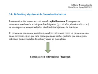 Gabinete de comunicación
                                                                          Gloria Navas. Curso 2012/2013
                                                 ............................................................................

3.1. Definición y objetivos de la Comunicación Interna

La comunicación interna se centra en el capital humano. Es un proceso
comunicacional donde se integran los dirigentes (gerentes/las, directores/las, etc.)
de una organización con todos los niveles de trabajadores de la misma.

El proceso de comunicación interna, no debe entenderse como un proceso en una
única dirección, si no que es la participación de ambas partes la que conseguirá
satisfacer las necesidades de ambas y crear un buen clima.




                     Comunicación bidireccional / feedback
 