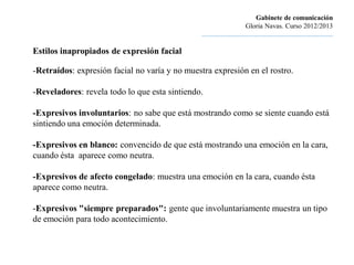 Gabinete de comunicación
                                                                        Gloria Navas. Curso 2012/2013
                                               ............................................................................

Estilos inapropiados de expresión facial

-Retraídos: expresión facial no varía y no muestra expresión en el rostro.

-Reveladores: revela todo lo que esta sintiendo.

-Expresivos involuntarios: no sabe que está mostrando como se siente cuando está
sintiendo una emoción determinada.

-Expresivos en blanco: convencido de que está mostrando una emoción en la cara,
cuando ésta aparece como neutra.

-Expresivos de afecto congelado: muestra una emoción en la cara, cuando ésta
aparece como neutra.

-Expresivos "siempre preparados": gente que involuntariamente muestra un tipo
de emoción para todo acontecimiento.
 
