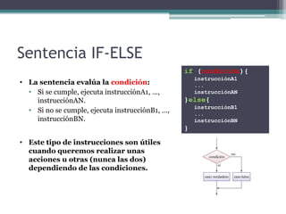 Sentencia IF-ELSE
                                                 if (condición){
                                                     instrucciónA1
• La sentencia evalúa la condición:                  ...
  • Si se cumple, ejecuta instrucciónA1, …,          instrucciónAN
    instrucciónAN.                               }else{
                                                     instrucciónB1
  • Si no se cumple, ejecuta instrucciónB1, …,       ...
    instrucciónBN.                                   instrucciónBN
                                                 }

• Este tipo de instrucciones son útiles
  cuando queremos realizar unas
  acciones u otras (nunca las dos)
  dependiendo de las condiciones.
 