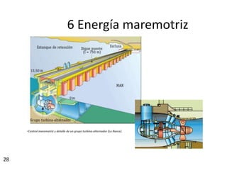 28
•Central maremotriz y detalle de un grupo turbina-alternador (La Rance).
6 Energía maremotriz
 
